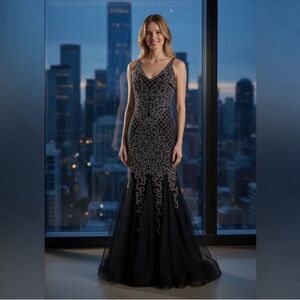 Elegant Xscape Maxi Form Fitting Mermaid Beaded Black Evening Gown